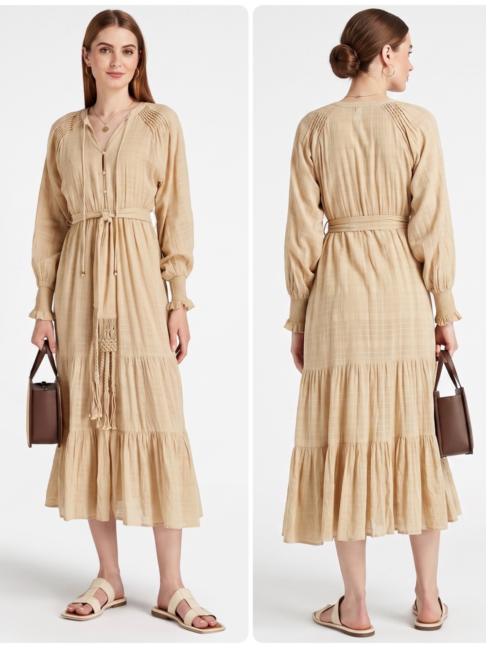 Tigerlily Emine Gathered Cotton Gauze Beige Tiered Tie-Waist Midi Dress NWT $239